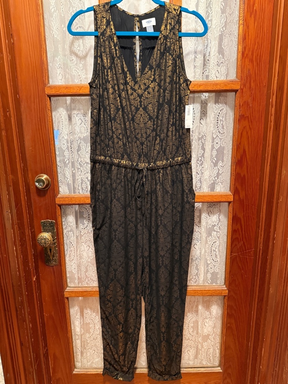 NWT Old Navy Black and Gold Printed Sleeveless Jumpsuit